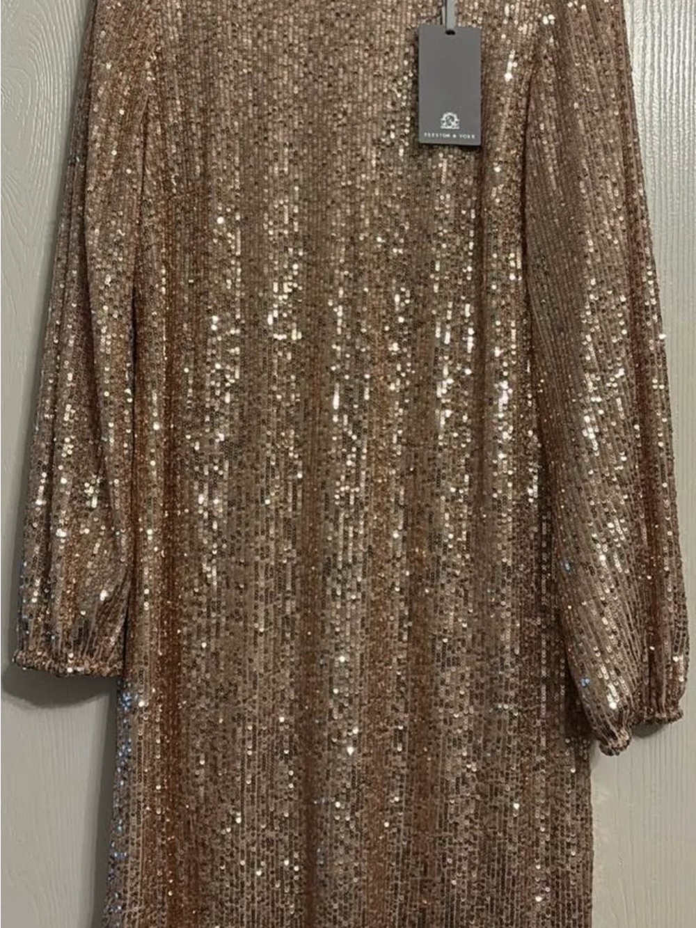 Preston & York Rose Gold Sequin Shift Dress with Long Sleeves